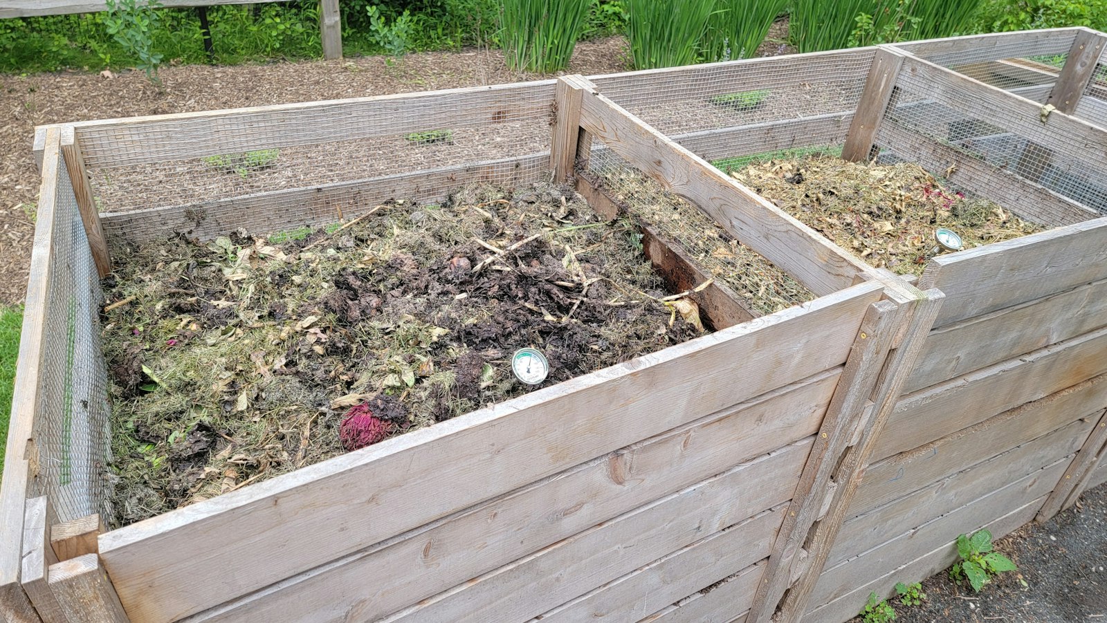 Bacs à compost en bois remplis de déchets verts au potager